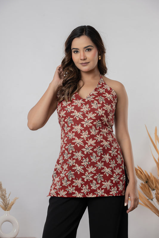 Women Floral Printed Halter Neck Sleeveless Short Kurti Top
